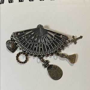Antique Silver and Gold-Tone Fan Brooch with Mixed Charms